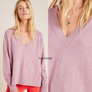 Anthropologie Rose Pink Long Sleeve V-Neck Knit Sweater 100% Merino Wool Size XS